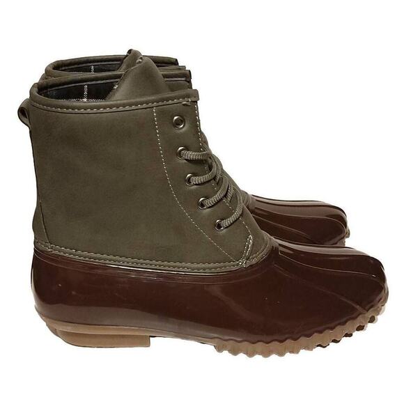 Charles Albert Duck Boots Size 11 Used Vegan Leather Green Brown Rain Womens - Picture 7 of 12